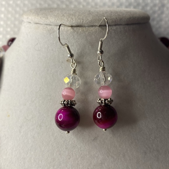 Handcrafted Brecciated Jasper and Hot Pink Tiger’s Eye Necklace Set - Picture 3 of 6